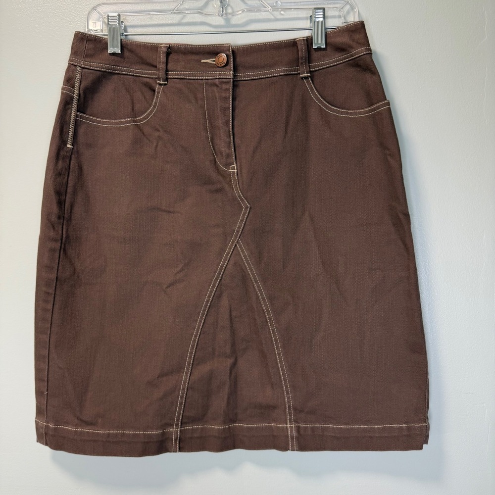 Boden‎ Brown Denim Mini Skirt Contrast Stitch Floral Waistband WG371 Size US 8L
